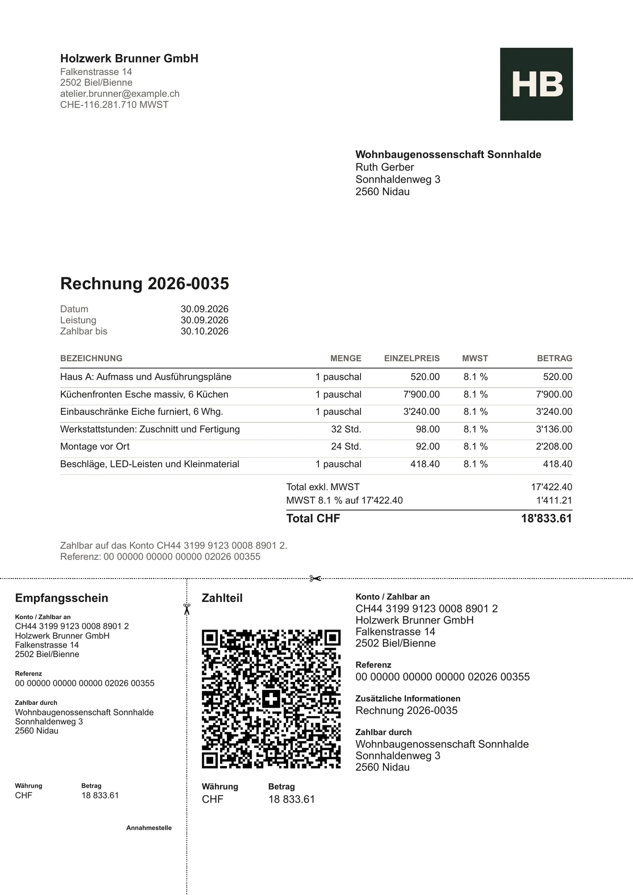 QR-Rechnung als PDF, mit Zahlteil