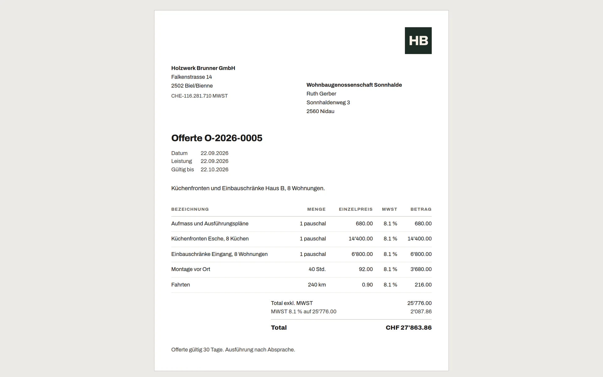 Offene Offerte für einen Kunden