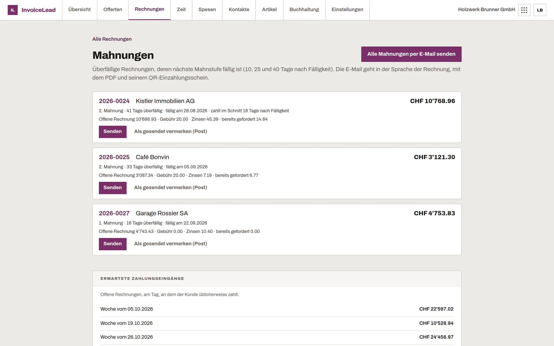 Mahnwesen mit den überfälligen Rechnungen